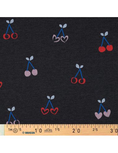 Tejido de sudadera mezclado con glitter de cerezas - Azul marino