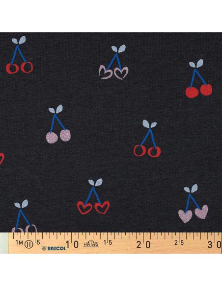 Tejido de sudadera mezclado con glitter de cerezas - Azul marino