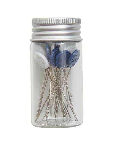 Tubo de vidrio con 30 alfileres de cabeza de plástico - Colección flores azules