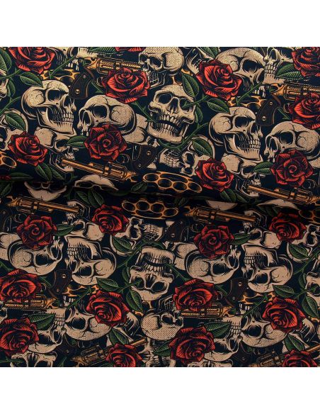 Tejido de algodón premium - Calaveras y rosas