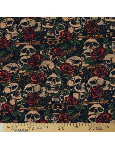 Tejido de algodón premium - Calaveras y rosas