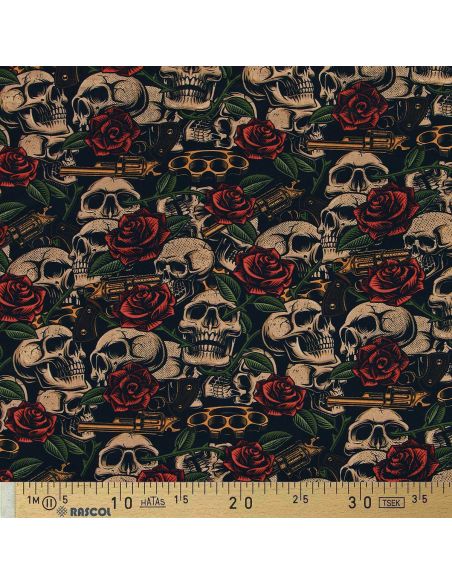 Tejido de algodón premium - Calaveras y rosas