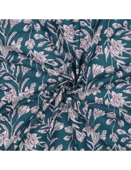 Tejido de algodón indio block print Kirine - Azul petróleo