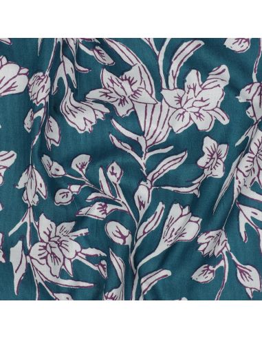 Tejido de algodón indio block print Kirine - Azul petróleo