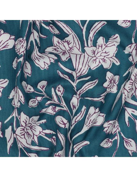 Tejido de algodón indio block print Kirine - Azul petróleo