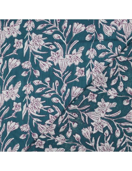 Tejido de algodón indio block print Kirine - Azul petróleo