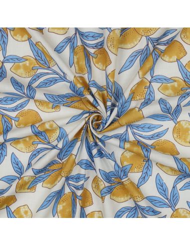 Tejido de algodón indio block print Limones - Hojas azules