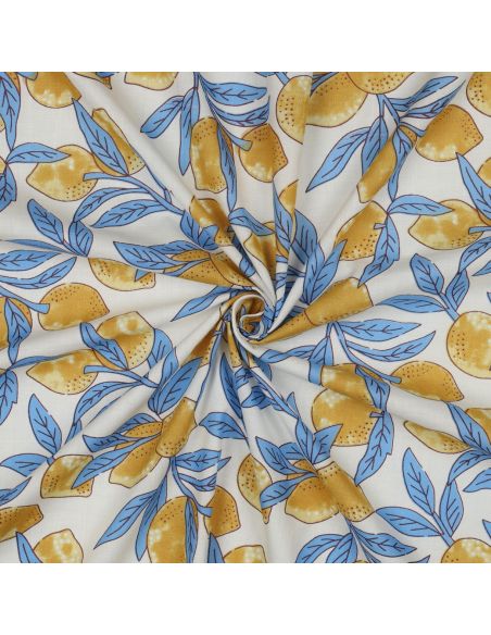 Tejido de algodón indio block print Limones - Hojas azules