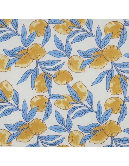 Tejido de algodón indio block print Limones - Hojas azules