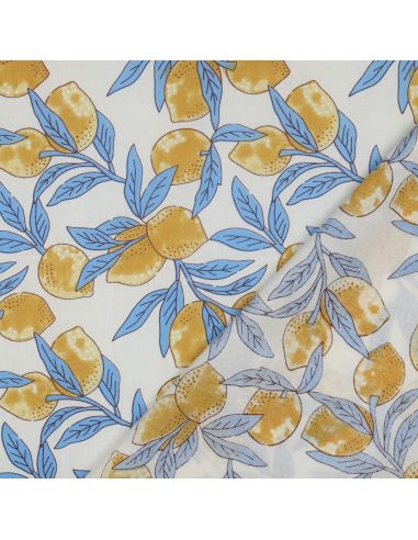 Tejido de algodón indio block print Limones - Hojas azules