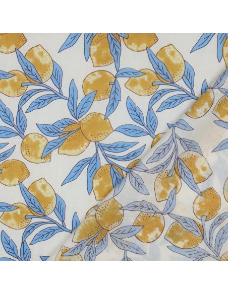 Tejido de algodón indio block print Limones - Hojas azules