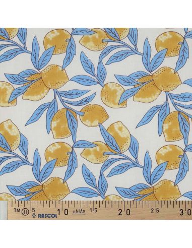 Tejido de algodón indio block print Limones - Hojas azules