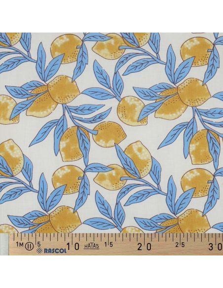 Tejido de algodón indio block print Limones - Hojas azules