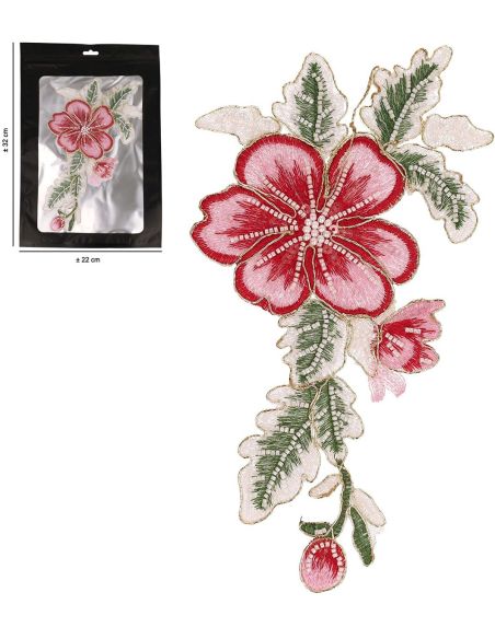 Insignia de flores con perlas para coser XL - Rosa y rojo
