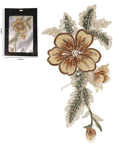 Insignia de flor con perlas para coser XL - Marrón