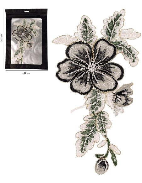 Insignia de flores con perlas para coser XL - Gris y negro
