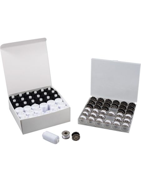 Kit de hilos para coser y bobinas de metal planas - 72 piezas - negro y blanco