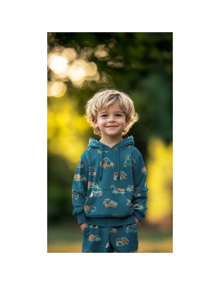 Tela de sudadera ligera con maquinaria de construcción - Azul petróleo