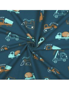 Tela de sudadera ligera con maquinaria de construcción - Azul petróleo