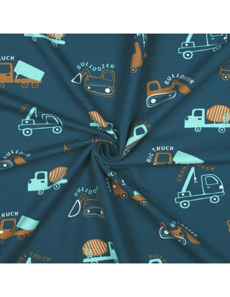 Tela de sudadera ligera con maquinaria de construcción - Azul petróleo
