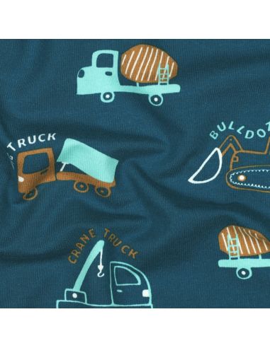 Tela de sudadera ligera con maquinaria de construcción - Azul petróleo