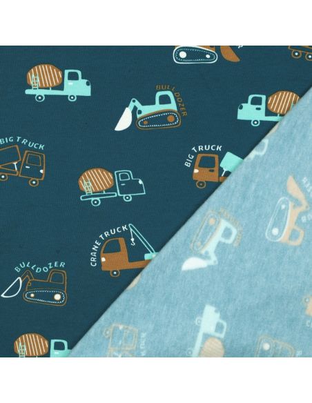 Tela de sudadera ligera con maquinaria de construcción - Azul petróleo