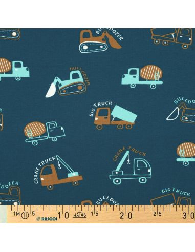 Tela de sudadera ligera con maquinaria de construcción - Azul petróleo