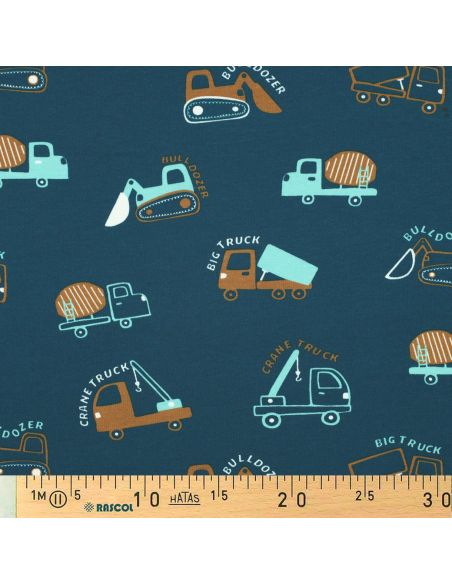 Tela de sudadera ligera con maquinaria de construcción - Azul petróleo